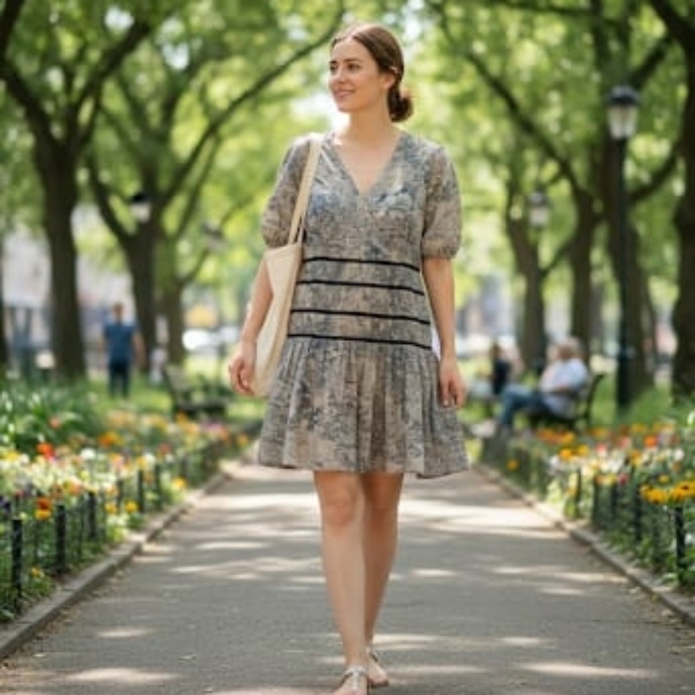 Floral Green Garden Vintage Print V-Neck Dress With Velvet Accent